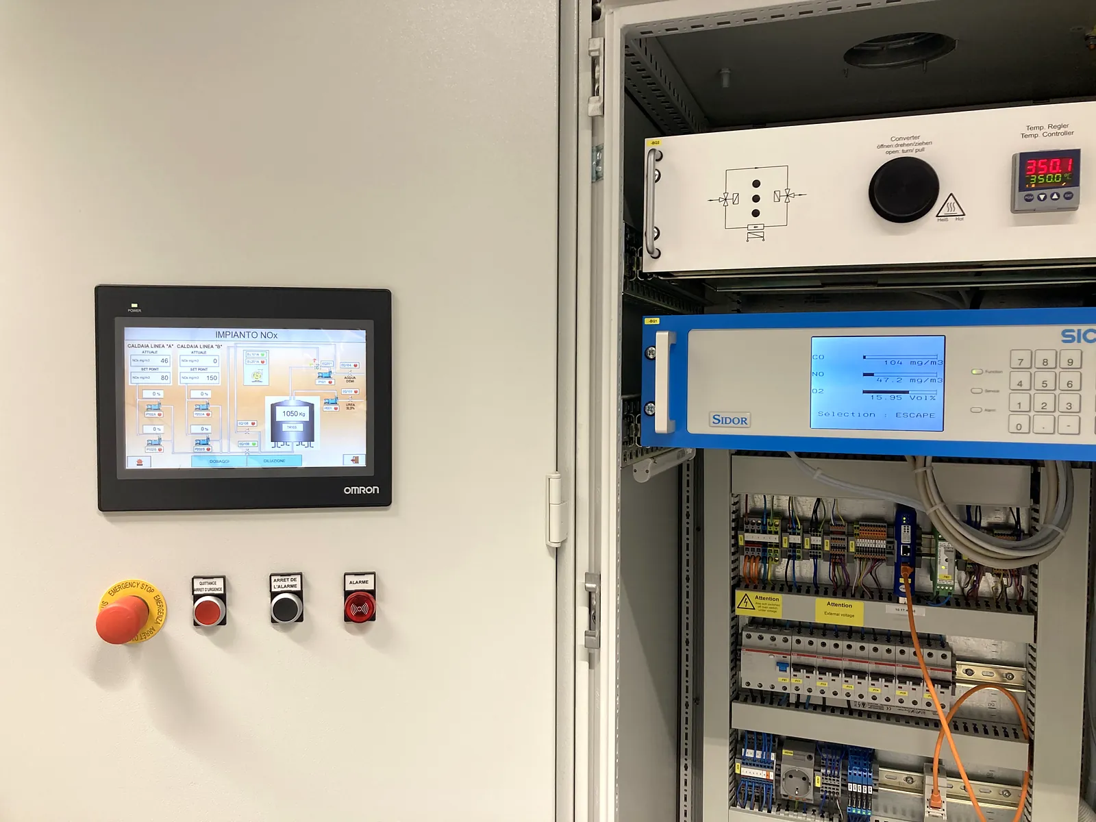 Quadro di controllo DeNOx con pannello operatore e analizzatore delle emissioni per la regolazione del dosaggio
